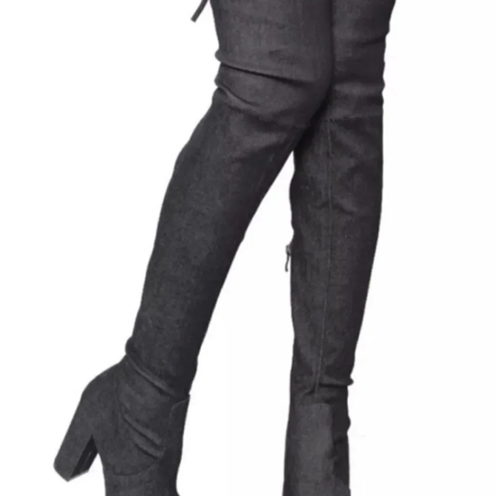 BLACK DENIM OVER THE KNEE BLOCK PLASFORM HEEL BOOT